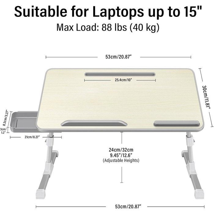 Столик для ноутбука в ліжко, регульований, з ящиком, 60 x 34 см, Бежевий
