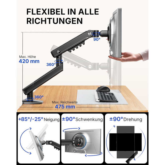 Кронштейн для монітора HUANUO FlowLift Pro MechaSpring, 13-32 дюйми, до 9 кг, регулювання нахилу, повороту та обертання, VESA 75/100 мм, для геймінгу та офісу