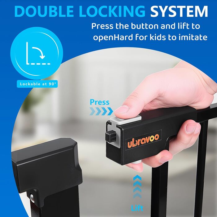 Дитячий захисний бар'єр UBRAVOO для дверей та сходів, 100 см, безпечний, автоматичне закриття, потрійна защіпка, ширина 76-104 см, чорно-білий