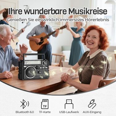 Портативне радіо PRUNUS J-02 AM/FM/SW: сонячне радіо з акумулятором 1800mAh, Bluetooth 6.0, TF-карта, USB, 2 антени