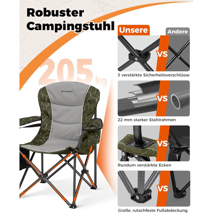 Крісло для кемпінгу KingCamp XXL, 205 кг, розкладне, з підлокітниками та регульованою спинкою, з кишенею для напоїв та сумкою-холодильником, зелене, сучасний дизайн (2 шт)
