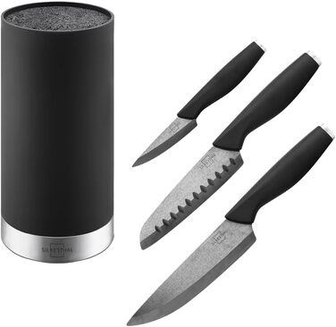 SILBERTHAL Knife Block with Knives Black - 3-Piece Knife Set - Robust Ceramic Knives (Santoku Knife, Chef's Knife, Vegetable Knife) with Stable Knife Block with Brush Insert