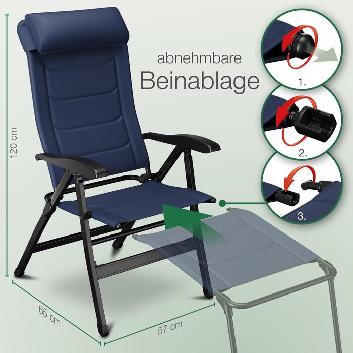 ELONEO Folding Camping Chair with Removable Footrest, Folding Chair made of Aluminum, Folding Garden Chair, Reclining Chair with Adjustable Backrest, Camping Chair (Folding Chair with Footrest (with Premium Cushion), Blue)