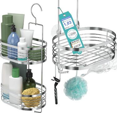 Shower shelf for hanging with 3-fold anti-rust protection incl. free razor holder, suction cups & spacers - Flexible hanging shower basket - Premium hanging shower shelf without drilling