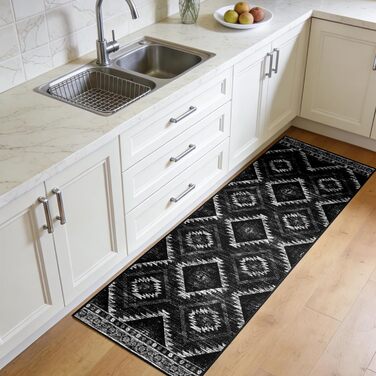 Килимок-довгий килим для коридору, кухні, вітальні та офісу. Нековзкий, з коротким ворсом, пральний, складаний, у стилі бохо, чорно-білий (60 x 180 см)