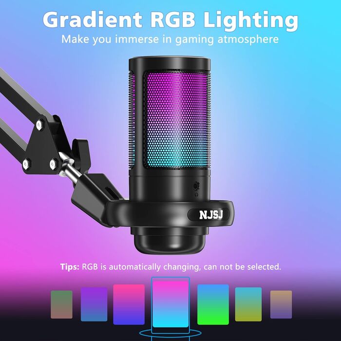 Мікрофон для комп'ютера NJSJ Gaming з тримачем, USB для PC, MAC, PS4/PS5: з кнопкою вимкнення звуку, навушниками, поп-фільтром, конденсаторний кардіоїдний для стрімінгу та подкастів (Чорний)