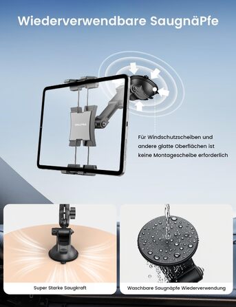 Тримач для планшета та смартфона в автомобіль OHLPRO, універсальний кронштейн на присосці з обертанням 360° та висувним важелем (4.7-13 дюймів) для лобового скла та торпедо