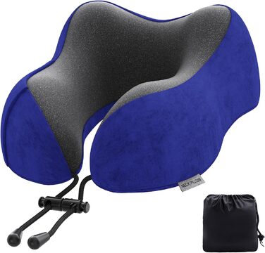 Подушка для шиї у подорожах: автомобільна, для літака, з memory foam, м'який велюровий чохол, для дорослих, для офісу, дому (Темно-синій)