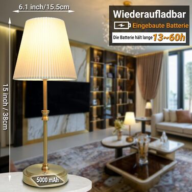 LED настільна лампа бездротова, акумуляторна, 3000mAh, торшер для спальні, вітальні, на терасу, регулювання яскравості, сенсорне управління, ретро-золотий