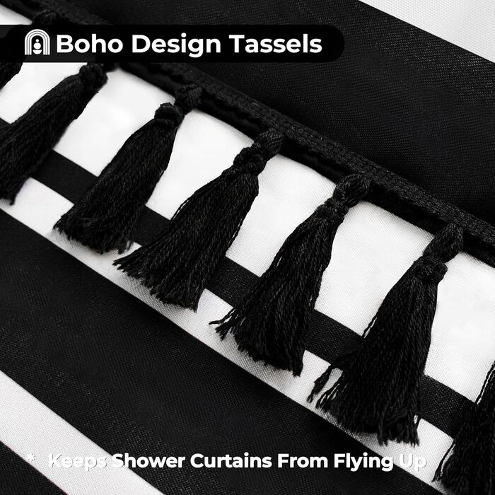 Штора для душу Seasonwood чорно-біла в смужку, 183x183 см. Бохо штора для ванної кімнати з пензликами, водонепроникна