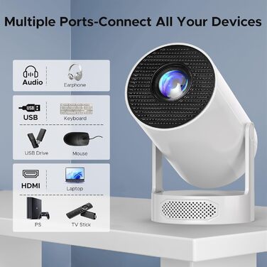 Портативний проєктор Mini Beamer з динаміком: 1080P/4K, WiFi 6, Bluetooth 5.0, автоматичне корегування трапецеїдальних спотворень, 220° обертання, для домашнього кінотеатру та використання на вулиці