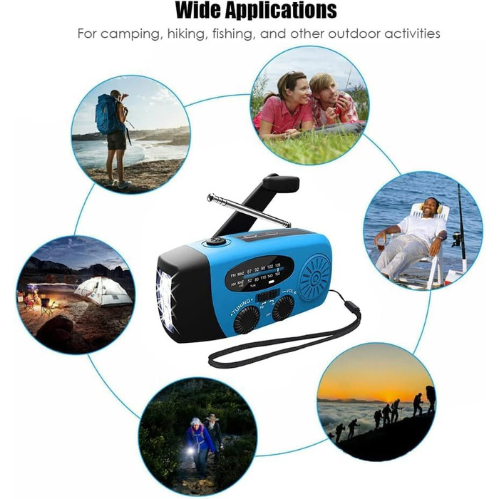 Радіоприймач сонячний Solar-Radio 2000mAh з ручним заводом, AM/FM, SOS-сигналом, LED-ліхтарем та USB-зарядкою, водонепроникний для кемпінгу, туризму та надзвичайних ситуацій (синій)