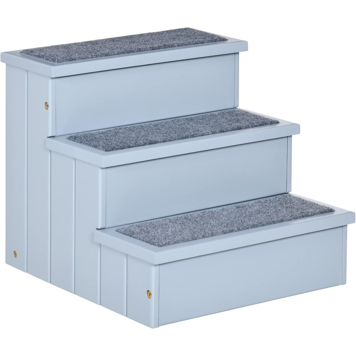 PawHut Dog Stairs 3 Steps Cat Stairs Pet Stairs Dog Stairs for Dogs and Cats Pet Stair Entry Aid with Carpet Storage for Sofa Bed Pine Wood Grey 40.5 x 44.5 x 38 cm