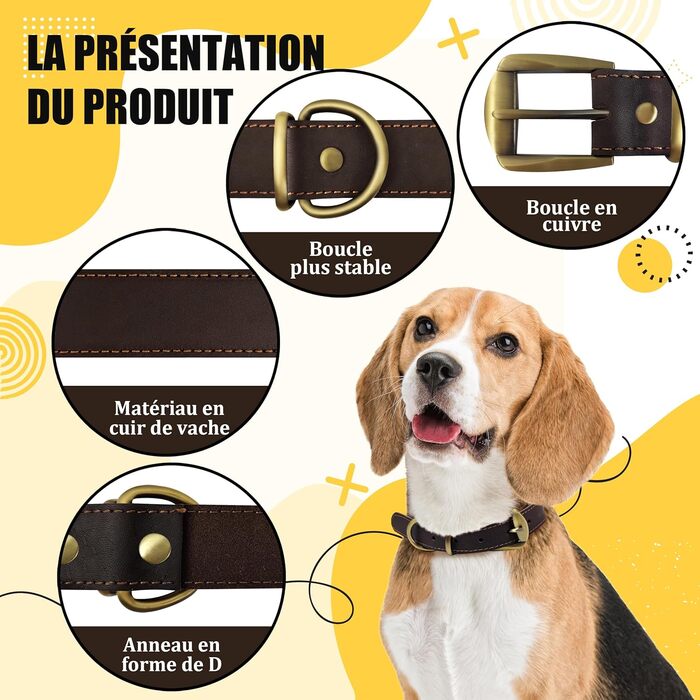Нашийник для собак з натуральної шкіри, регульований, з металевою застібкою та кільцем, для великих порід