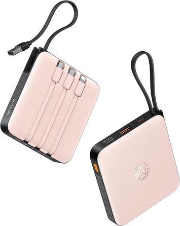 Power Bank VRURC 20000mAh з кабелем: компактний акумулятор для iPhone, Huawei, Samsung та інших пристроїв (рожевий)