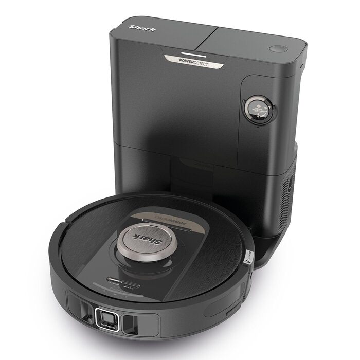 Робот-пилосос Shark PowerDetect з базою самоочищення, самостійно спорожняється до 60 днів, для шерсті тварин, килимів та твердих підлог, з 3D- та LiDAR-навігацією, 14,5 см заввишки, білий (чорний)