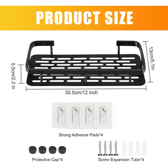 Поличка для душу без свердління, алюміній, 2 шт. Водостійка поличка для ванної кімнати, органайзер для шампуню, аксесуарів, 30,5×13×5,5 см (A Срібло)