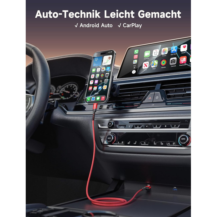 Кабель USB-C JSAUX 3.1A (2 шт. по 2м), 2 шт., червоний, для Samsung Galaxy, iPhone, PS5, CarPlay, нейлон, швидка зарядка