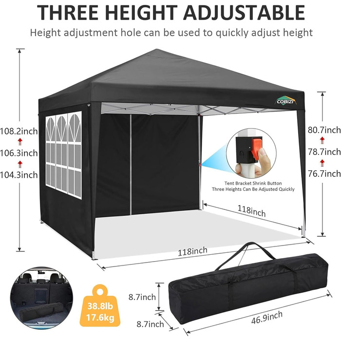 COBIZI Gazebo 3x3 Waterproof, Stable, Winter-Proof Party Tent 3x3 with 4 Side Walls, Pop-Up Folding Gazebo, UV Protection 50+, Garden Gazebo with Handbag, 8x Pegs and 4x Wind Rope, Black