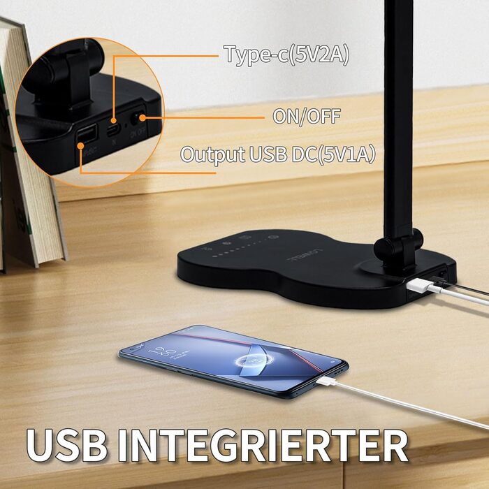 LED лампа настільна LQWELL® QM019, чорна: регулювання яскравості, 5 кольорів, 10 рівнів, USB-зарядка, сенсорне керування, пам'ять, для дітей, офісу