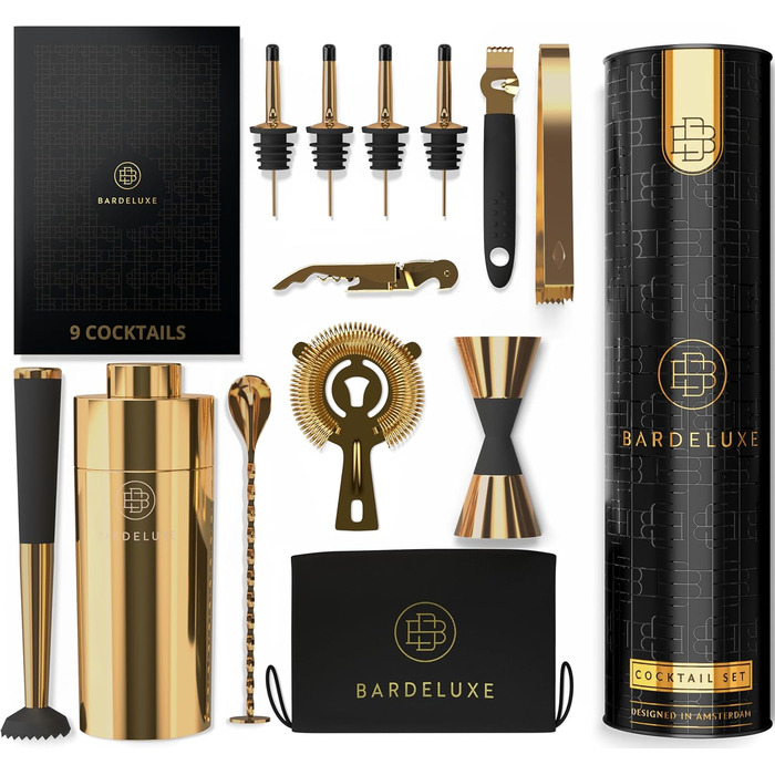 BarDeluxe® Cocktail Set, 12-Piece | Bartender Set, Cocktail Mixer Set | 750ml Stainless Steel Cocktail Shaker, Cocktail Shaker Set, Bartender Set | Luxury Cocktail Gift Set (Deep Gold)