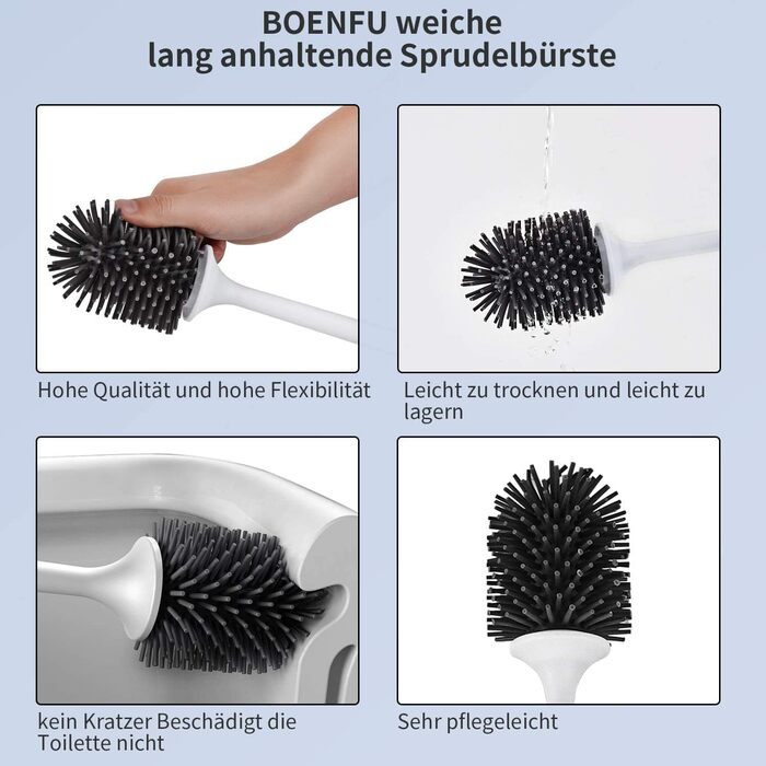 Силіконова щітка для унітазу BOENFU з швидким висиханням, без свердління, настінний кріплення та підставка для ванної кімнати, біла