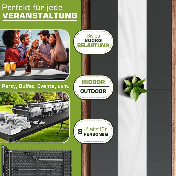 Зручний складаний садовий стіл Tillvex 180x75 см з ручкою для перенесення | Стіл для тераси, балкона, кемпінгу | Чорний