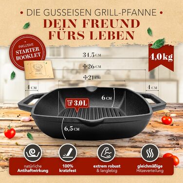 Чавунна гриль-сковорода Krustenzauber 26 см з подвійним руків'ям для індукційних плит. Рифлена сковорода для смаження