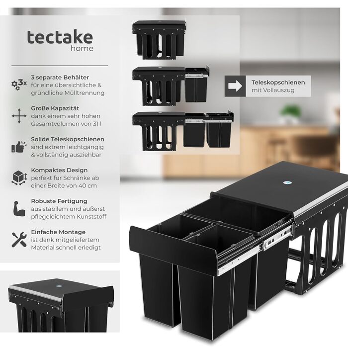 Кухонний сміттєвий бак tectake на 3 камери (31 л) з телескопічними направляючими: 2x8л та 1x15л, для сортування відходів, чорний