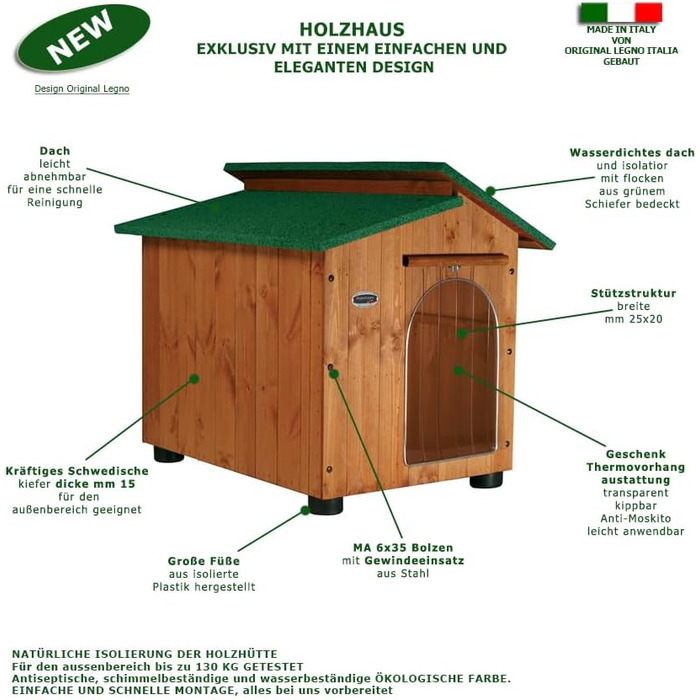 Будка для собак з масивного дерева, модель Alpi A – для Чихуахуа/кота, 45x60xH48 см, Made in Italy