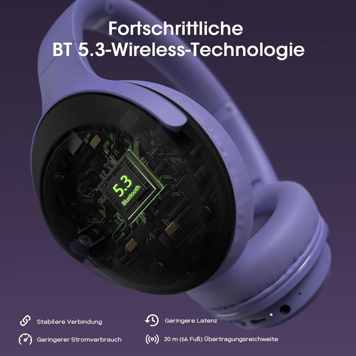 Бездротові навушники DOQAUS Bluetooth з довгим терміном служби (70 годин), Over-Ear, Bluetooth 5.4, з кабелем, 3 режими EQ, Hi-Fi стерео для подорожей/телефону/ПК (фіолетові)