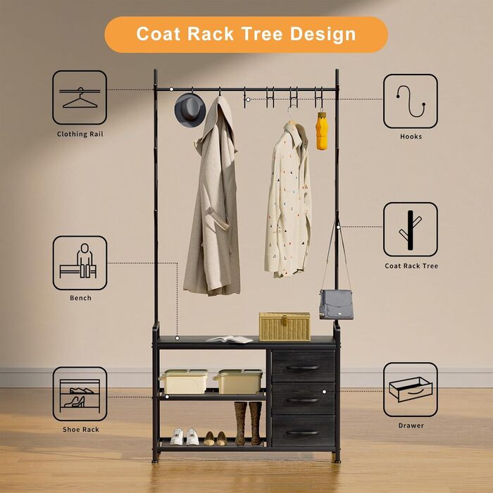 Вішалка для одягу з лавкою Leader Accessories, метал, чорний/чорне дерево, 176x30x84 см