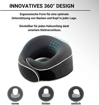 Подушка для шиї AIRTH® 360° з піною з пам'яті та зручним кріпленням - ергономічна підтримка шиї з знімним чохлом для максимального комфорту та відпочинку (сіра)