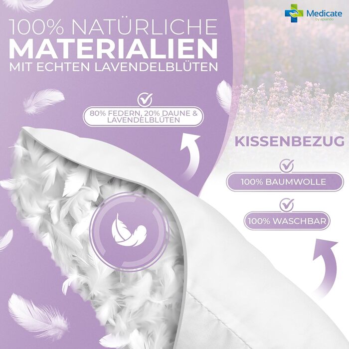 Medicate Lavender Pillow 40x80 with Down – Washable Pillow 40x80 up to 40 Degrees - Pillow for Every Sleeping Position – Down Pillow Made in Germany 40 x 80 cm