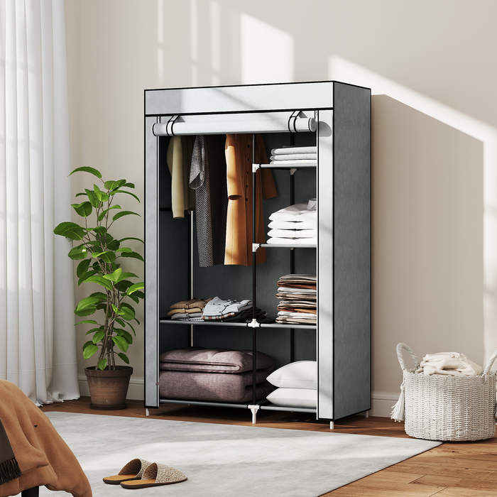 HOMCOM шафа для одягу, тканинна шафа, 6 відділень, сірого кольору, 103x43x162,5 см, складана шафа для одягу з виглядом з флісу | Aosom