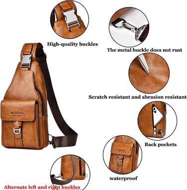 Чоловіча нагрудна сумка через плече з PU-шкіри, водонепроникна, світло-коричнева