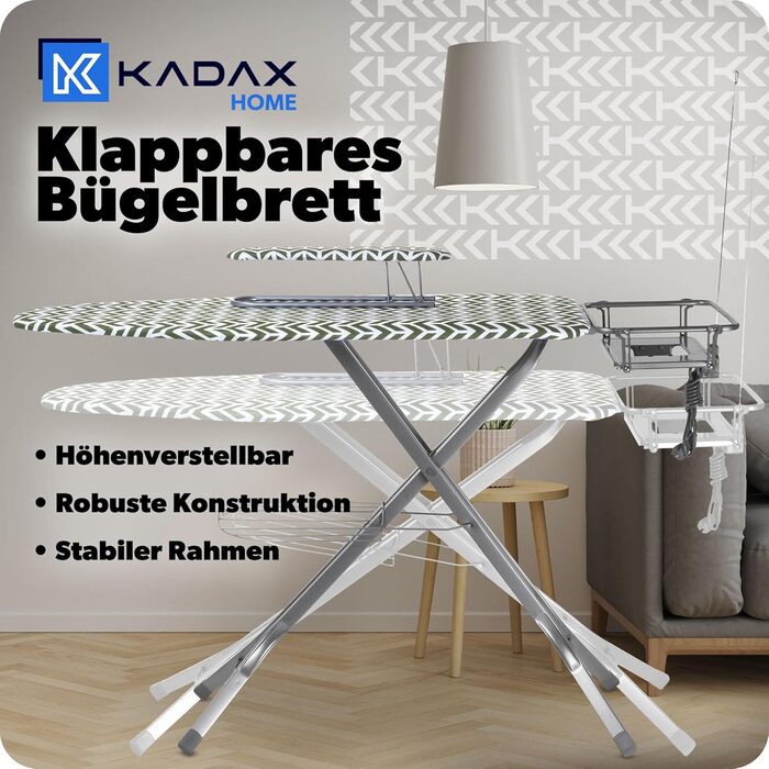 Прасувальна дошка KADAX з підвішувачем для рукавів, 130x41 см, з підставкою для праски та розеткою, складана, Made in EU (зелена)