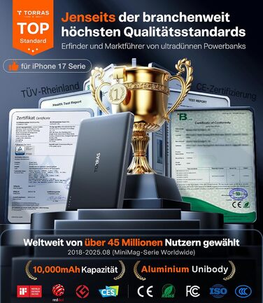Портативний зарядний пристрій TORRAS MiniMag 10000mAh з MagSafe для iPhone 17 Pro Max, AirPods, iPhone Air 12-16, швидка зарядка, бездротовий, USB-C, сірий титан, 10000 mAh