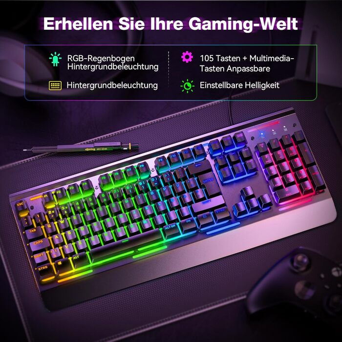 TECKNET RGB ігрова клавіатура для ПК, мембранна, 105 клавіш, повний металевий корпус, підставка для зап'ястя, 15 зон RGB підсвічування, 25 антиблінд, клавіатура для комп'ютера, німецька розкладка (QWERTZ)