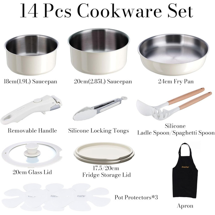Набір посуду з нержавіючої сталі 14 предметів: сковорода 24 см, каструлі 18/20 см, знімні ручки, керамічне покриття, підходить для всіх плит, білий