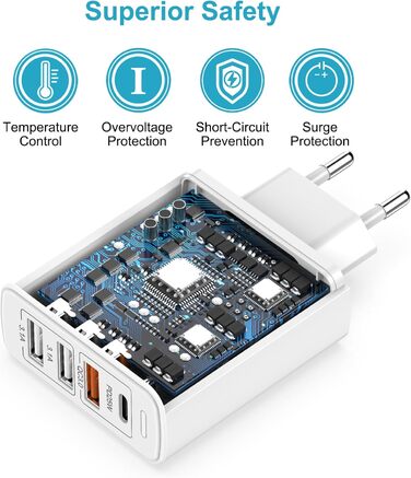 Мережевий зарядний пристрій USB-C 40W з 4 портами PD та QC3.0, для iPhone 15/14/13/12/11, Samsung S24/S23/S22