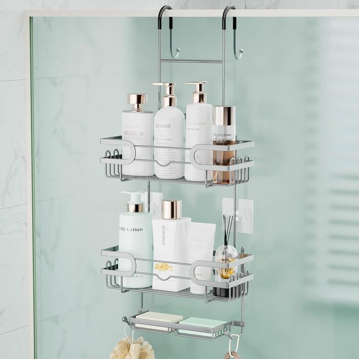 Настінна поличка для душу SWTYMIKI з нержавіючої сталі з 2 кошиками та 2 мильницями, 14 гачків, срібна