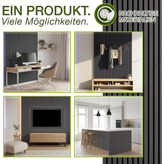 Акустичні панелі TRESKO з дерева 120×60x2,1 см, 2 шт. — 3D стінові ламелі для шумоізоляції, колір Дуб Антрацит, з набором для монтажу та 4 вішаками