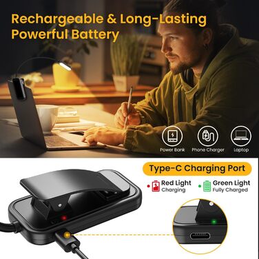 LED лампа для читання з кліпсою, захист очей, 6 LED, 3 режими яскравості (теплий/холодний/білий), USB перезарядна, 360° регульована, для читання, ліжка, офісу, подорожей, чорна