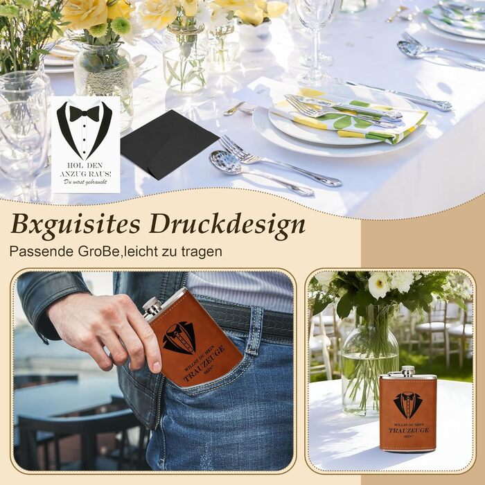 Персоналізований набір фляг 8oz з гравіюванням – фляга з нержавіючої сталі, 4 склянки, воронка та подарункова коробка для друзів нареченого/нареченої, подарунок на весілля для чоловіків та жінок (колір: коричневий)