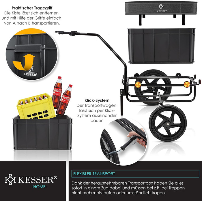 Причіп для велосипеда KESSER®: вантажний, ручний, з кутом нахилу, об'ємом 70 літрів (2 ящики для пива) + аксесуари, чорний