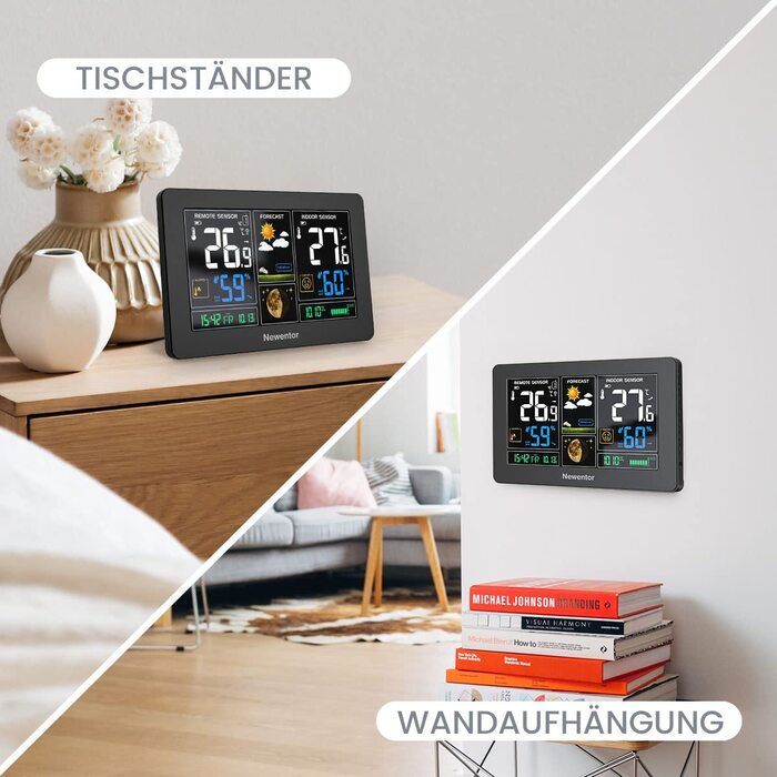 Newentor Weather Station Radio with Outdoor Sensor - Radio Weather Station with Weather Forecast, Temperature Warning, DCF Radio Clock - Battery and Mains Powered, Black
