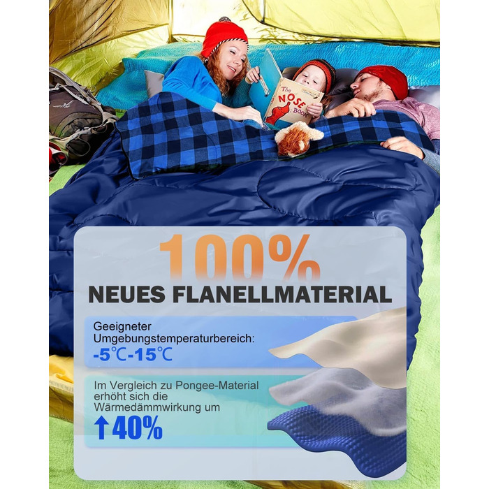 Спальний мішок для двох осіб з фланелі, 220 x 160 см, Outdoor, з двома подушками та сумкою для перенесення, блакитний