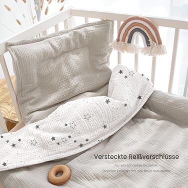 Набір постільної білизни для дитячого ліжечка Lulumoon з мусліну 100x135 см: простирадло 100x135 см + наволочка 40x60 см з бавовни Oeko-TEX Standard – легка та комфортна постільна білизна для малюків. Теплий сірий колір, зірки, 100x135 см + 40x60 см