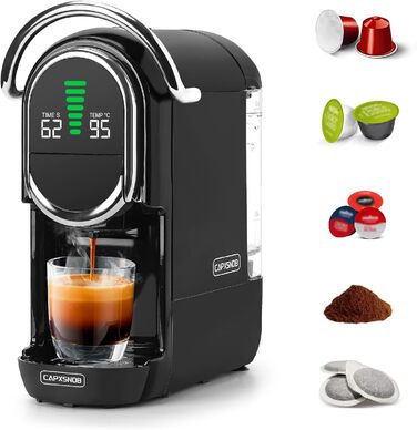 Кавомашина Magician1 Mini Kapselmaschine 5в1 для капсул Nespresso, Dolce Gusto, Lavazza A Modo Mio, ESE 44 та кавової гущі | 20 бар, 1450 Вт, LED-дисплей, 7 рівнів води | Для дому та офісу (Чорний)